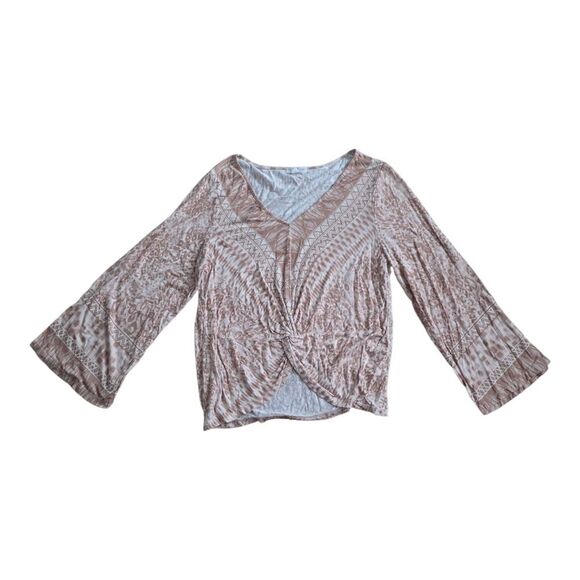 Taylor & Sage Taupe Boho Patterned V-Neck Twist Front Top S - Picture 1 of 4